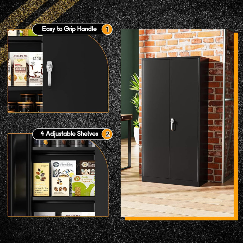 72'' Black Steel Lockable Storage Cabinet with Adjustable Shelves