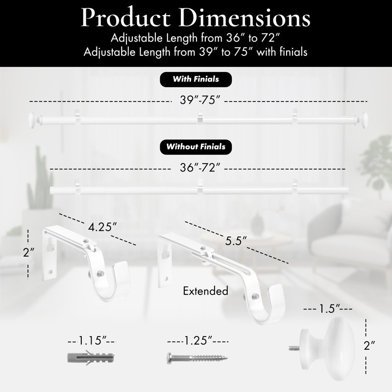 Tringle à rideau simple de 1 po de diamètre Aricel Meriville Prima, réglable, 36" – 72", Blanc lustré
