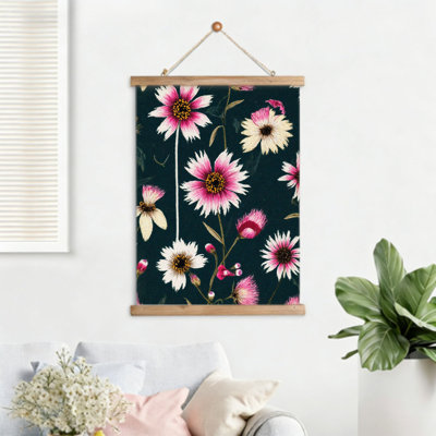 Motif floral brodé, art mural à volutes suspendues, cintre en bois intégré, l 16 x L 24