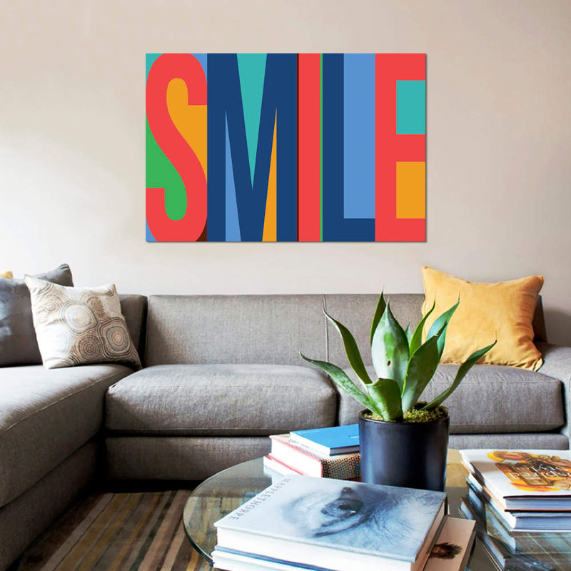 « sourire », art textuel sur toile, H 18 po x l 26 po x P 1,5 po
