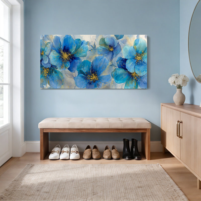 Ensemble de 1 tableau mural aquarelle florale bleue, H 28 po x l 58 po