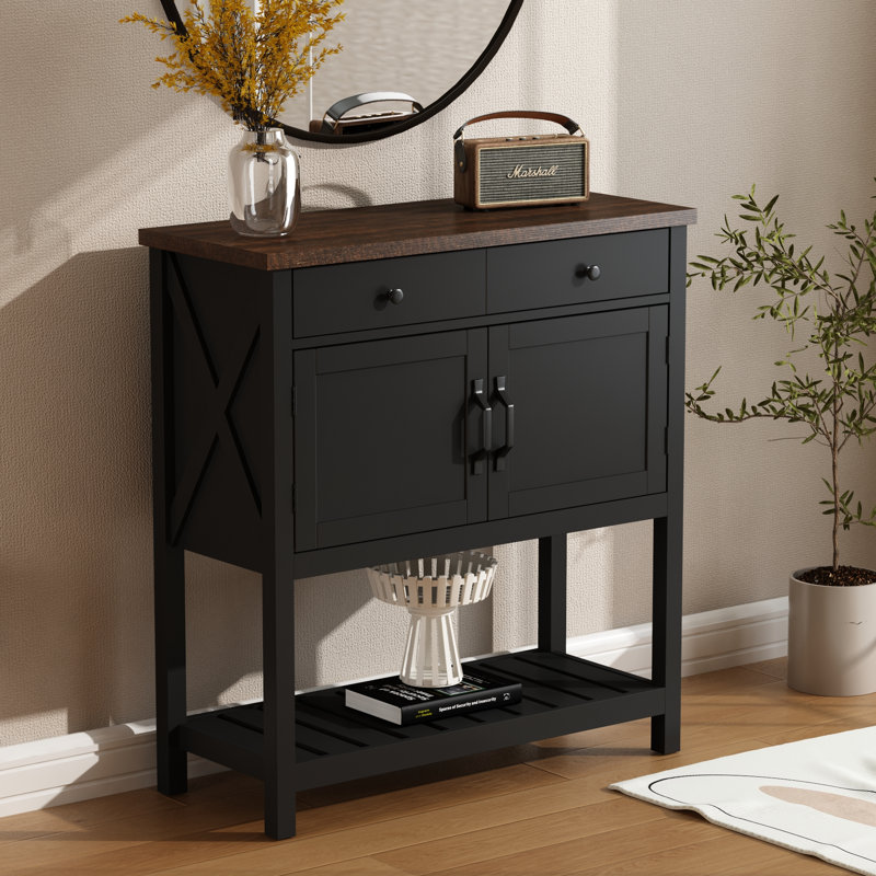 33.4"W Modern Farmhouse Console Table, Entryway Sideboard with 2 Drawers & Storage Cabinets, Dark Brown/Black