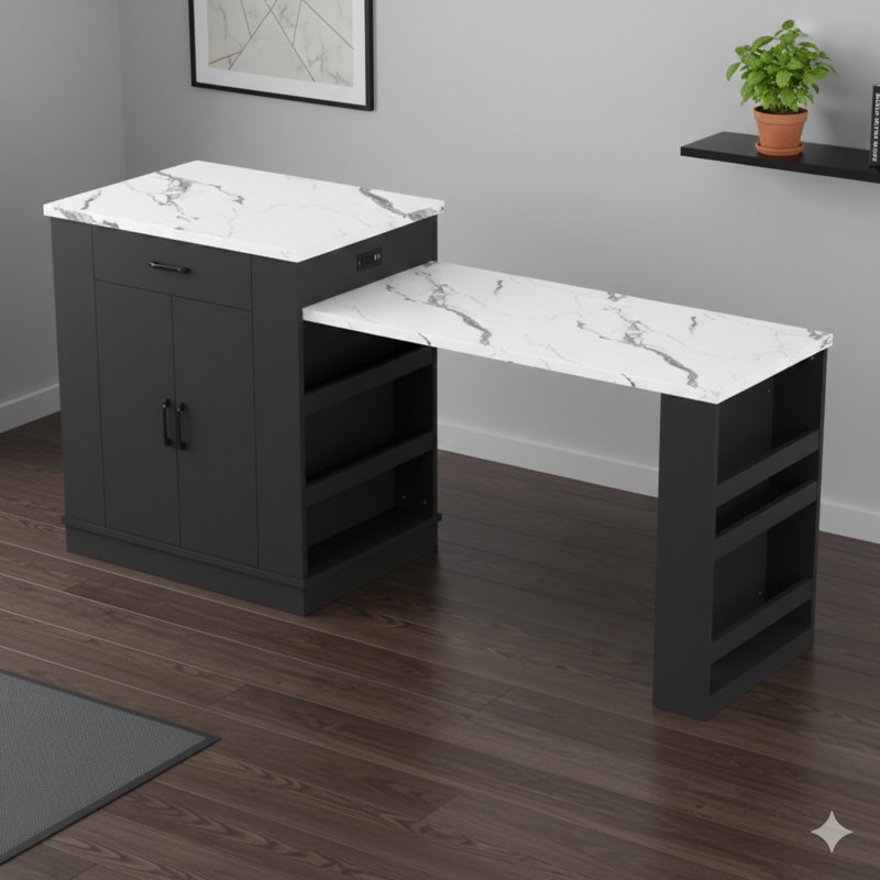 Îlot extensible de style console avec tiroirs, armoire à double porte et tablettes ouvertes - Se convertit en table de salle à manger, en bar à déjeuner décontracté ou en station-service après-midi, finition noire