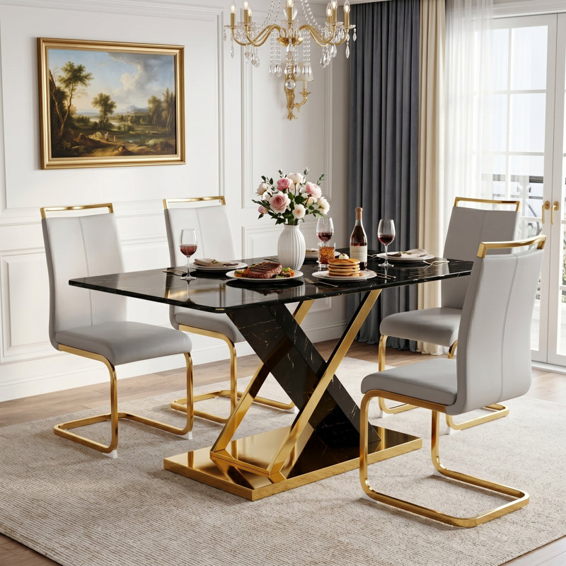 Modern 5-Piece 63" Rectangular Faux Marble Tempered Glass Dining Set with Faux Leather Cantilever Chairs, Light Gray