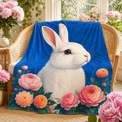 Plaid en flanelle à motif lapin blanc bleu cobalt et bordure rose fleurie, idéal pour canapé, lit, coin lecture, détente et voyages, 76 x 102 cm
