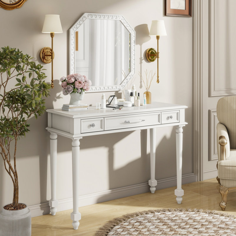 Élégante coiffeuse avec miroir octogonal et 3 tiroirs pour la chambre à coucher, la salle de bain ou le vestibule, plateau de table lisse, grand plateau de maquillage rétro compact, - console de tiroir avec revêtement brillant