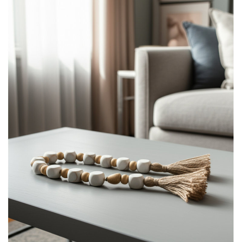 Decorative Stone Marble Beads Woven Jute Tassel Strand with Heart Shaped Accents for Rustic Textural Dimension and Natural Handcrafted Detail