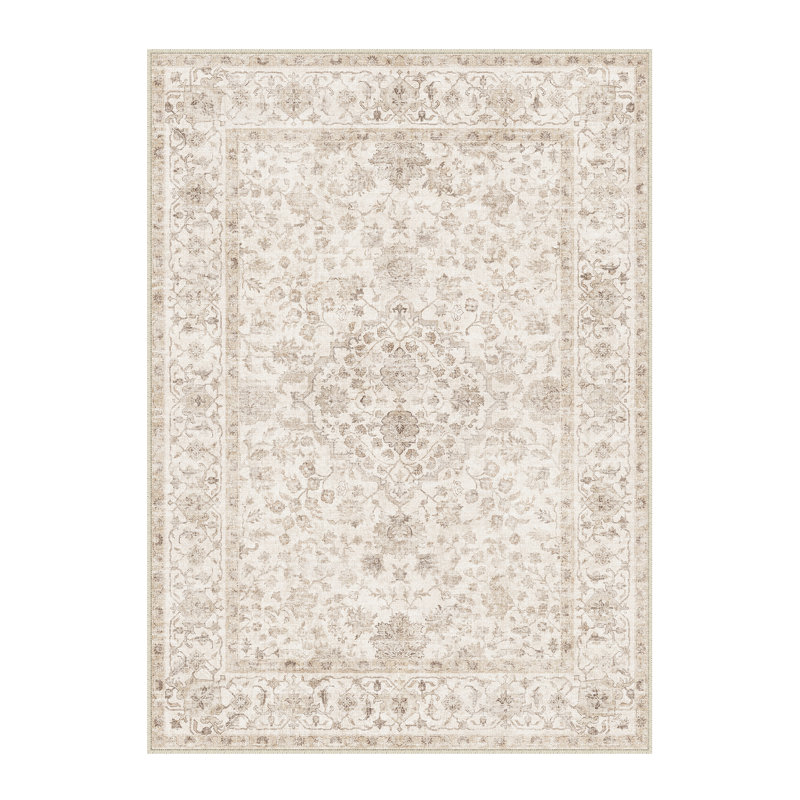 Elora Machine Washable Floral Area Rug With Non-Slip Backing in Beige, Beige, Rectangle 8' x 10'