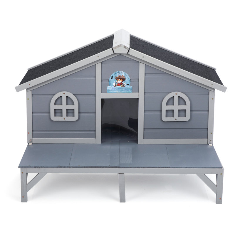 Maison de chat intérieure et extérieure grise avec enclos de jeu et caractéristiques d'intimité, construction d'intimité en pin, construction de planches, convient aux chats de toutes tailles
