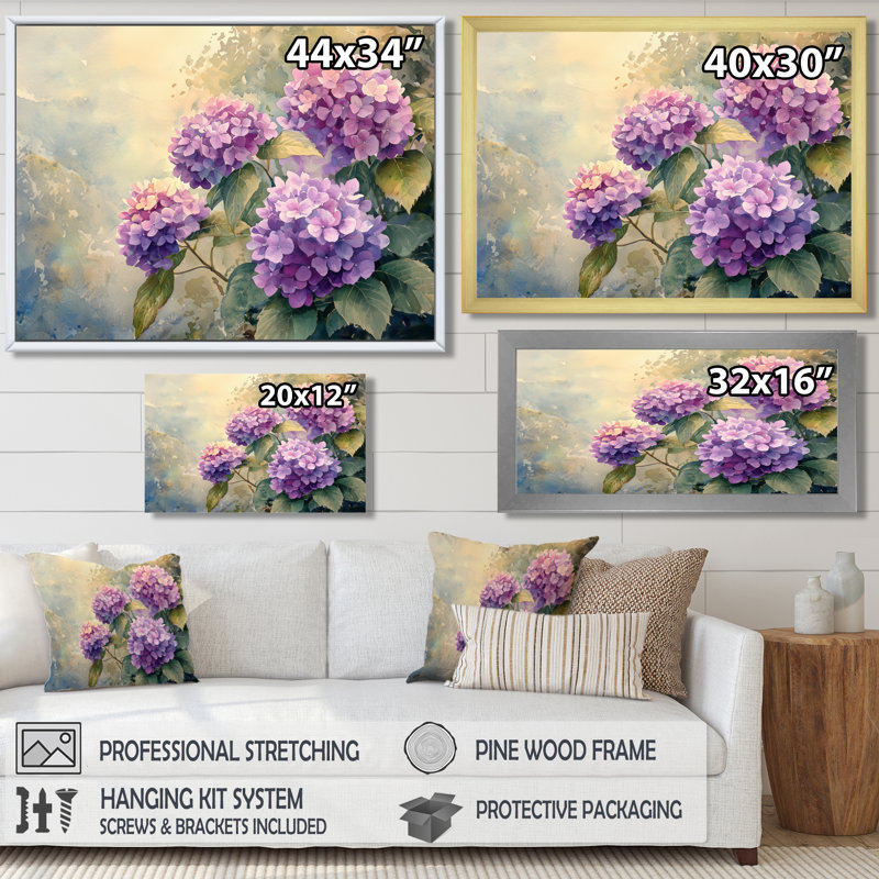 Hortensias dans la brume d'été - art mural hortensias, Impression sur cadre flottant, H 16 po x l 32 po, Blanc