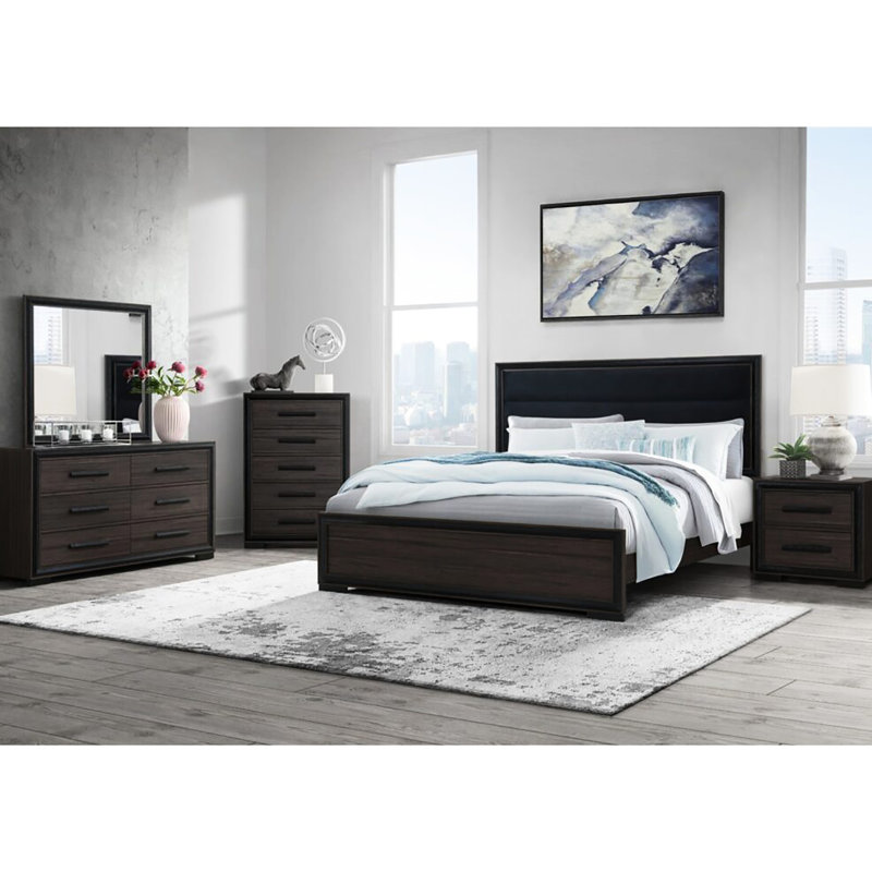 Grand lit brun avec tête de lit tapissier, bois massif et tête de lit décorative noire, Bois, Grand lit