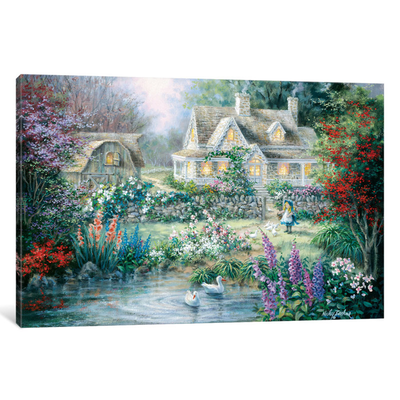 " Feeding Geese " by Nicky Boehme, 8" H x 12" W x 0.75" D