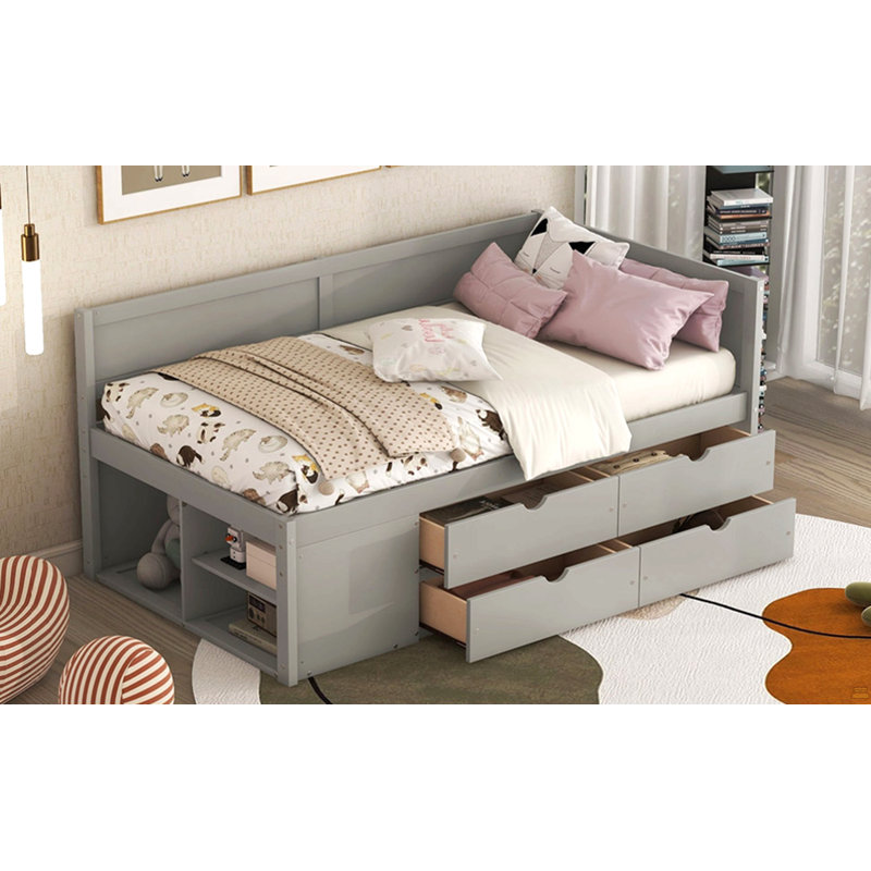 Lit de jour simple avec tiroirs et tablettes, Gris, Lit simple