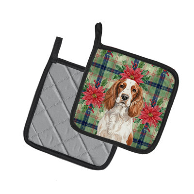 Welsh Springer Spaniel Christmas Poinsettas Pair of Pot Holders