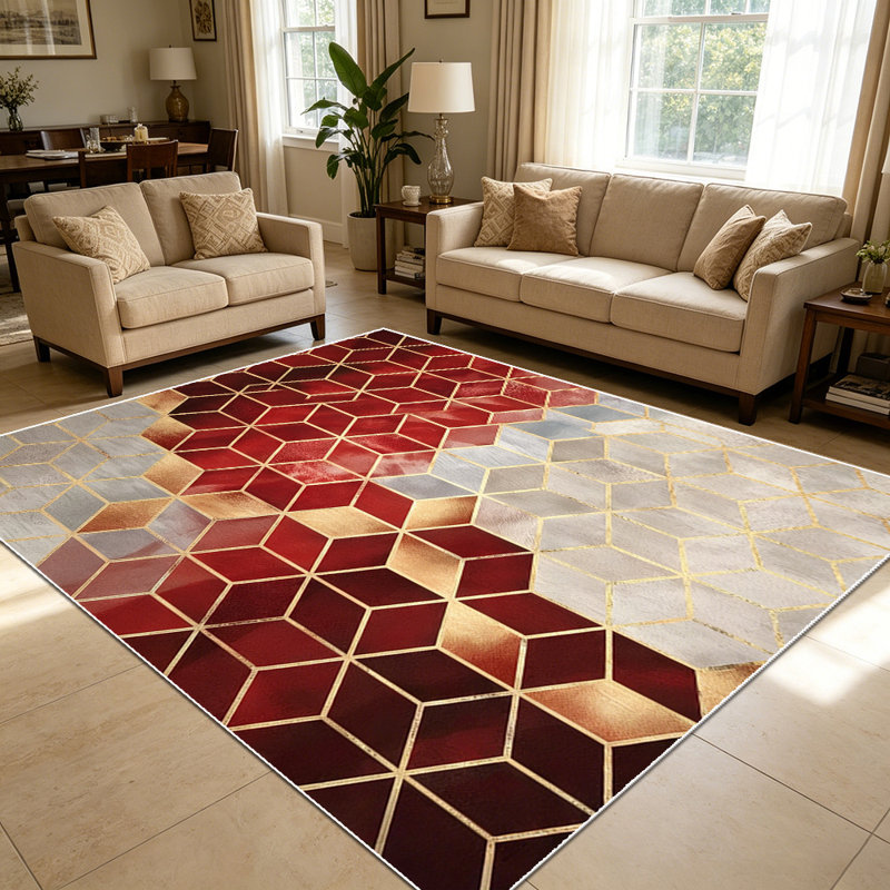 1PC Geometric Hexagon Burgundy Gold Marble Pattern area rugs for Living Room, Soft and Comfortable, Suitable for all seasons, easy-to-maintain, machine washable Indoor floor mat, Under Table Farmhouse suitable for dining room, bedroom, kitchen