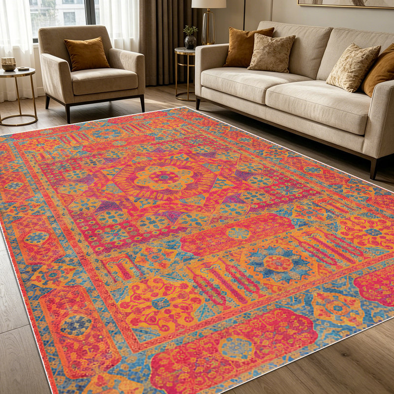 1PC Bohemian Vintage Geometric Floral Mosaic area rugs for Living Room, Soft and Comfortable, Suitable for all seasons, easy-to-maintain, machine washable Indoor floor mat, Under Table Farmhouse suitable for dining area, bedroom, entryway, kitchen,
