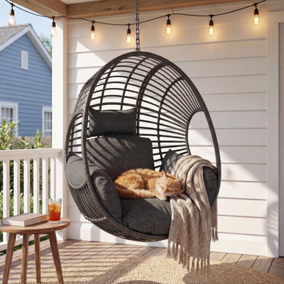 Outdoor/Indoor Wicker Tear Drop Hanging Chair (Stand Not Included), Line Black