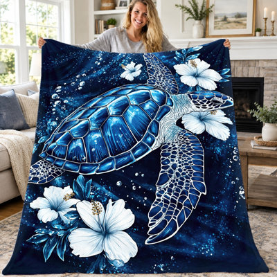 Couverture de tortue de mer 1pc, jeté de flanelle florale de tortue bleue, couverture chaude super douce et confortable pour canapé-lit, dortoir de voyage, cadeau de décoration intérieure toutes saisons