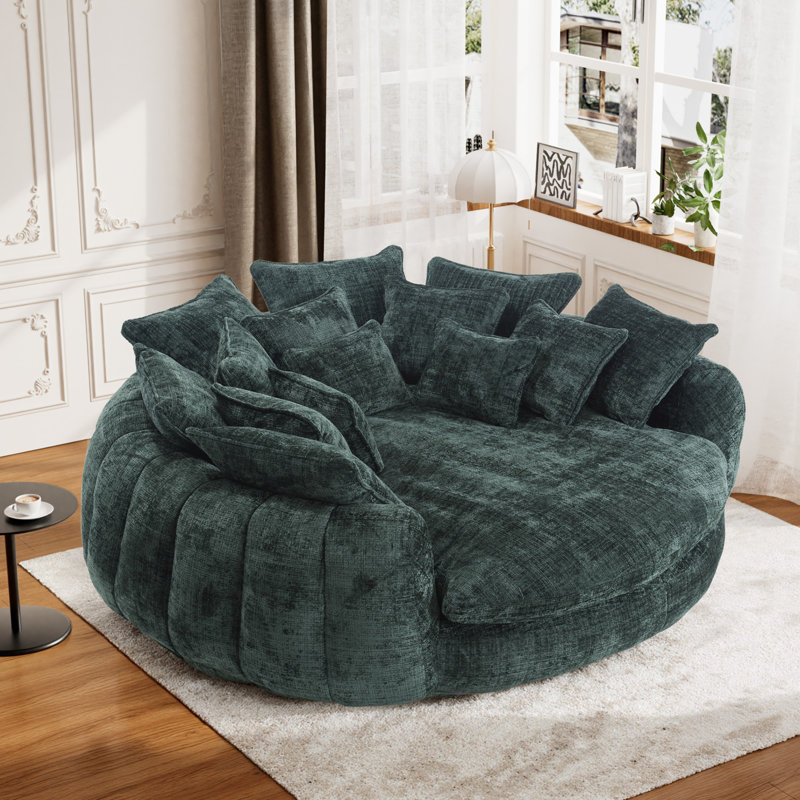 Oversized Compression Bean Bag Sofa - Large Round Loveseat With Pillows, Green Chenille