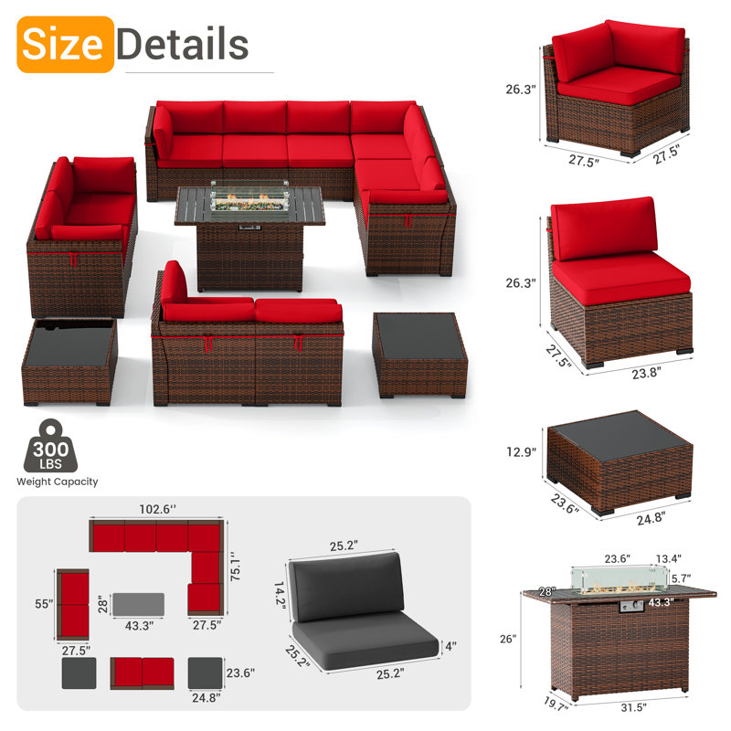 Treyshun 10 - Person Outdoor Seating Group with Fire Pit Table, Burgundy