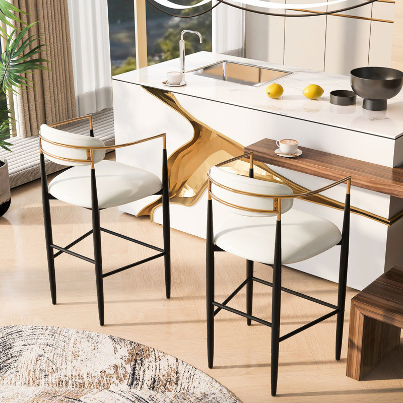 2 Counter Stool - Beige Upholstered With Iron Framework Height Bar Stools (pair) Pu Leather And Long-lasting Frame