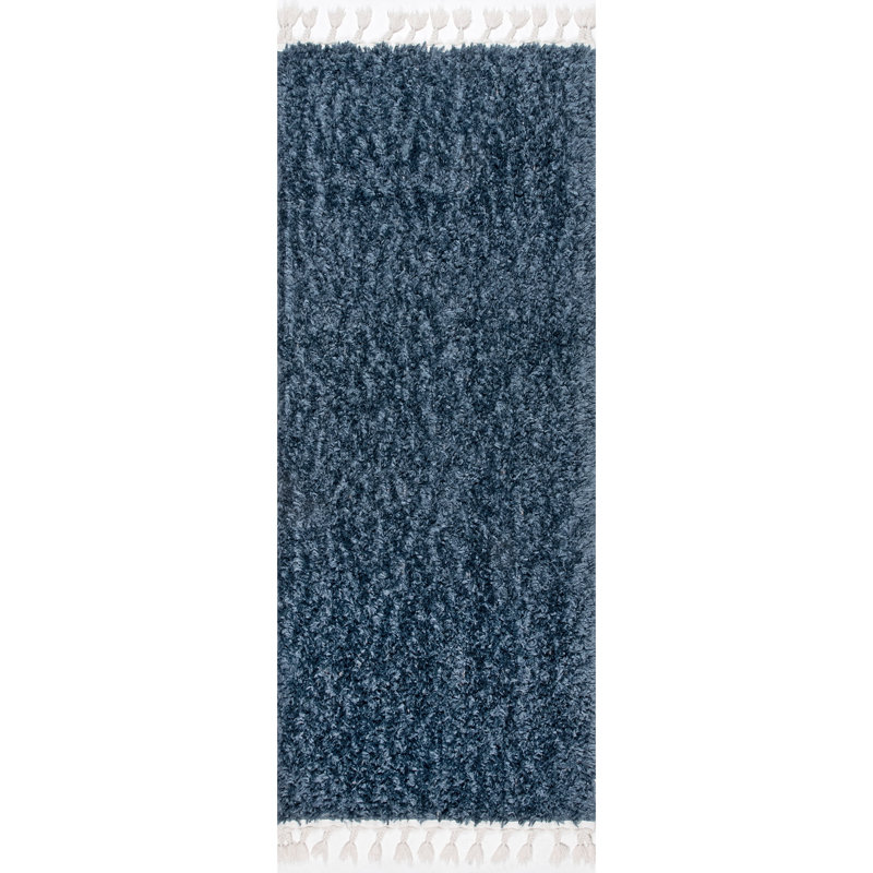 Hollier Modern Power Loom Performance Shag Tasseled Blue Rug, Runner 2' 6" x 12' 4"