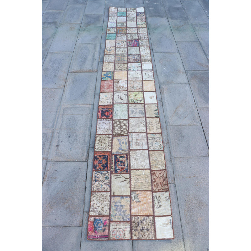 Vintage Handwoven Turkish Oushak Runner Rug in Beige for Stairs and Hallways