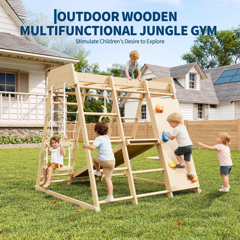8-in-1 Kids Jungle Gym intérieur - Grimpeur en bois avec glissade, balançoire, barres à singes et filet