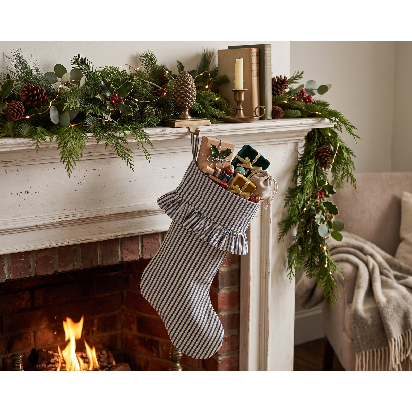 Polo Stripe Ruffled Christmas Stocking, Blue