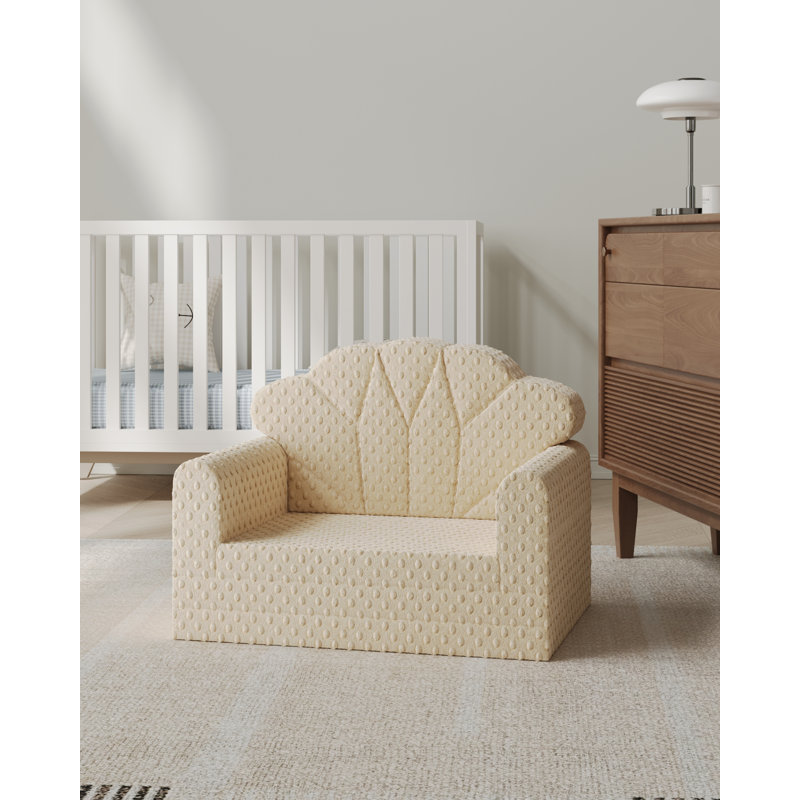 2-in-1 Soft Bubble Dot Minky Fold-Out Couch, Convertible Toddler Sofa, Kid Furniture for Playroom, Beige, Beige