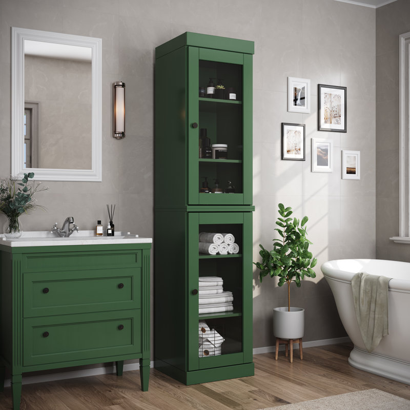 Armoire de salle de bain 100% bois massif 16,5 po avec portes en verre transparent et tablettes réglables, Vert