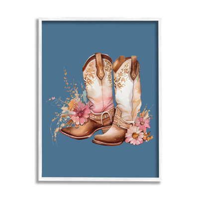 Floral Cowgirl Boots on Blue Single Picture Frame Print on Canvas