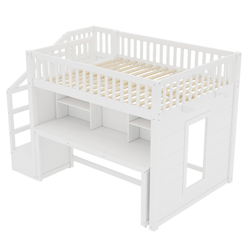 Lit mezzanine avec bureau mobile intégré, Blanc, Double