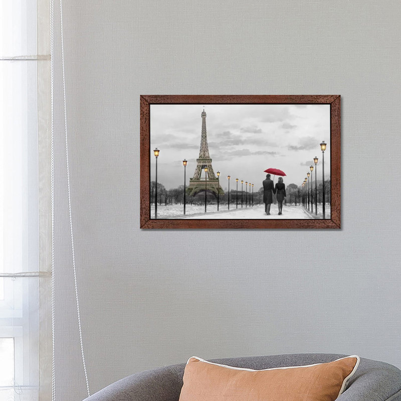 Paris Red Umbrella by Chris Consani - Print on Canvas, 101.6 cm H x 66.04 cm W, Brown Framed