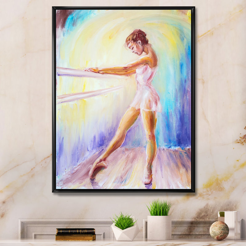 Jeune ballerine qui pratique - Peinture sur toile encadrée, H 36 po x l 24 po x P 1 po, Toile à cadre flottant noir
