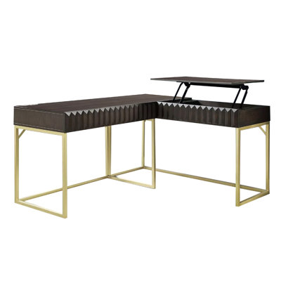 Bureau en coin Fredie avec port USB relevable, cadre doré, brun noyer