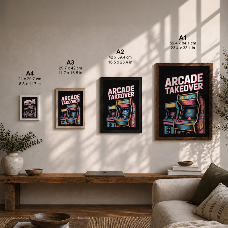 Arcade Takeover Retro - Framed Print, Walnut, A3 - 42.0 x 29.7 cm