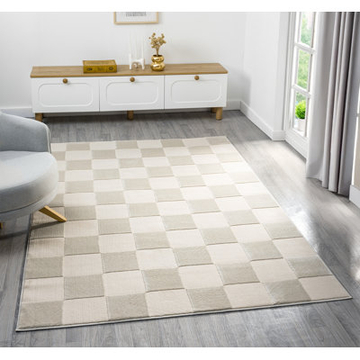 Bezore Modern Indoor Living Room Area Rug Embossed Cut-Shrink Pile with Metallic Sheen Jute Backing Living Room - Bedroom Hallway Carpet Grid Cream