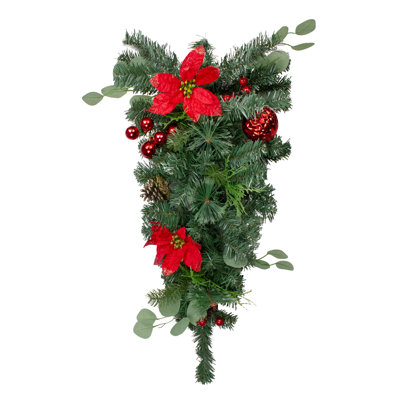 Ornement de Noël artificiel 30 po rouge avec poinsettia et pomme de pin - non éclairé