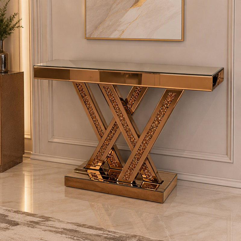 Console d'entrée moderne avec incrustation de diamants broyés et verre miroir