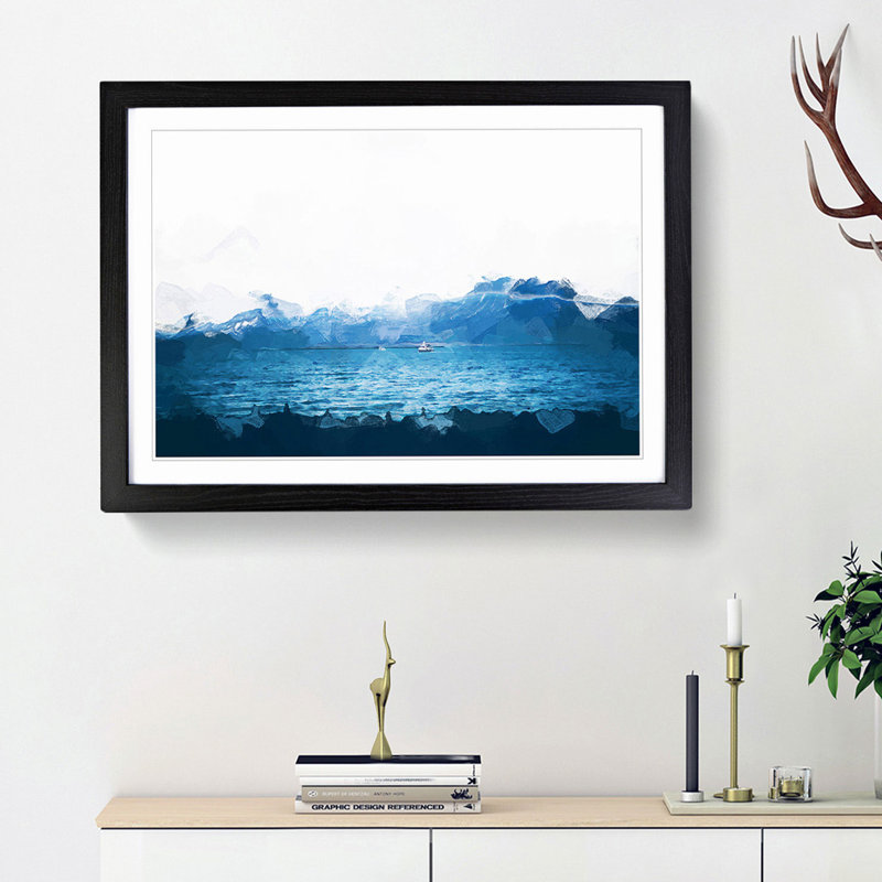 Boats in Reykjavik Iceland in Abstract - Picture Frame Painting Print on MDF, 27cm H x 36cm W x 2cm D, Black Framed