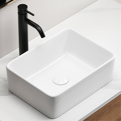 Rectangular Vessel Sink, White Bathroom Fit 1 - 3/4" Center Drain, , Stain Ceramic Art Basin Clay Fired