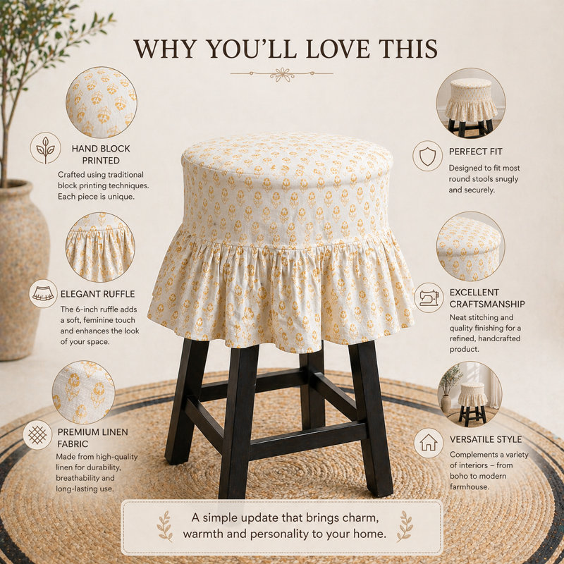 Housse de tabouret de bar en lin imprimé à la main avec un motif floral