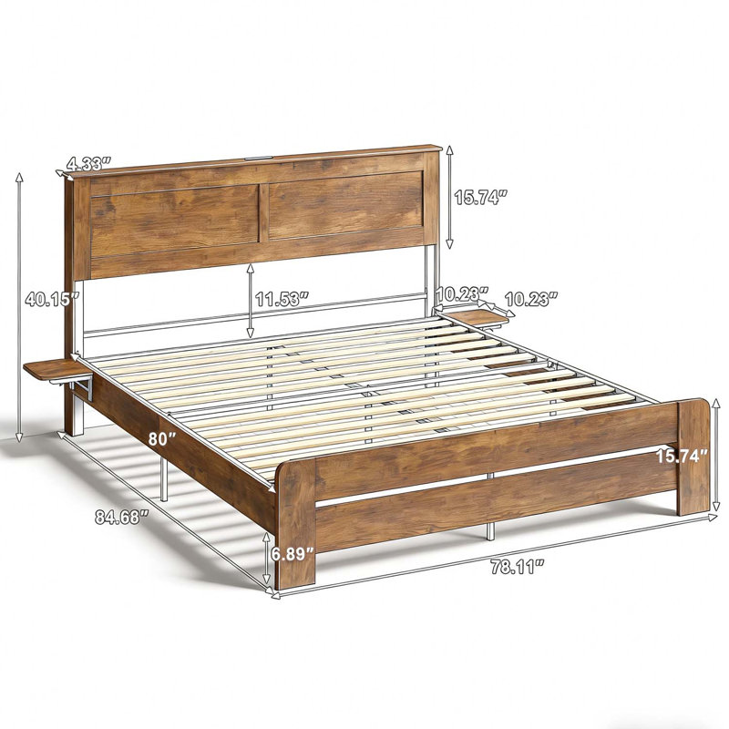 Farmhouse Platform Bed with Headboard Storage Shelf, King Size