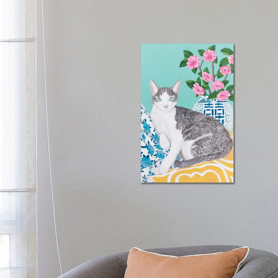 Cat with Cushions and Chinoiserie Vase by Sally B - Graphic Art Print on Canvas