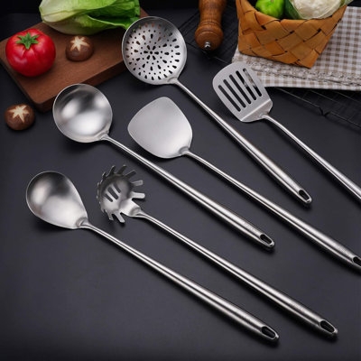 17-Inch 6-Piece Stainless Steel Kitchen Utensil Set With Spatula, Ladle, Skimmer Spoon, Slotted Turner, Spaghetti Server, And Solid Spoon - Durable, Ergonomic, Dishwasher Safe