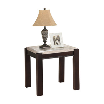 Genuine Marble Top End Table with Dark Cherry Wood Frame for Contemporary Living Room, Stylish and Durable