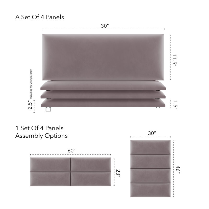 Panneau mural en velours rose cendré, H 11,5 po x l 30 po x P 1,5 po