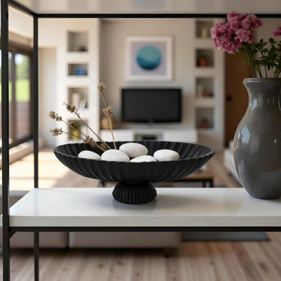 Grand bol décoratif long de 14,5 po - Bols décoratifs festonnés cannelés noirs pour la décoration intérieure - Décor à volants, Bol à clés élégant pour la table d'entrée, Bols à fruits décoratifs pour comptoir de cuisine
