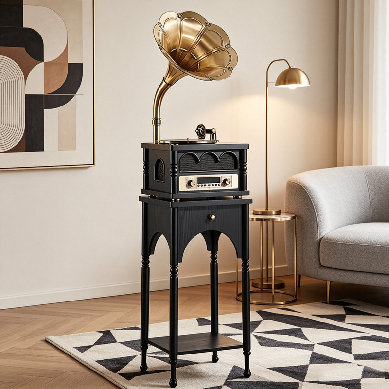 Tourne-disque noir Mid-Century rétro, bois massif avec pavillon en laiton, compatible vinyle, Bluetooth et lecture USB